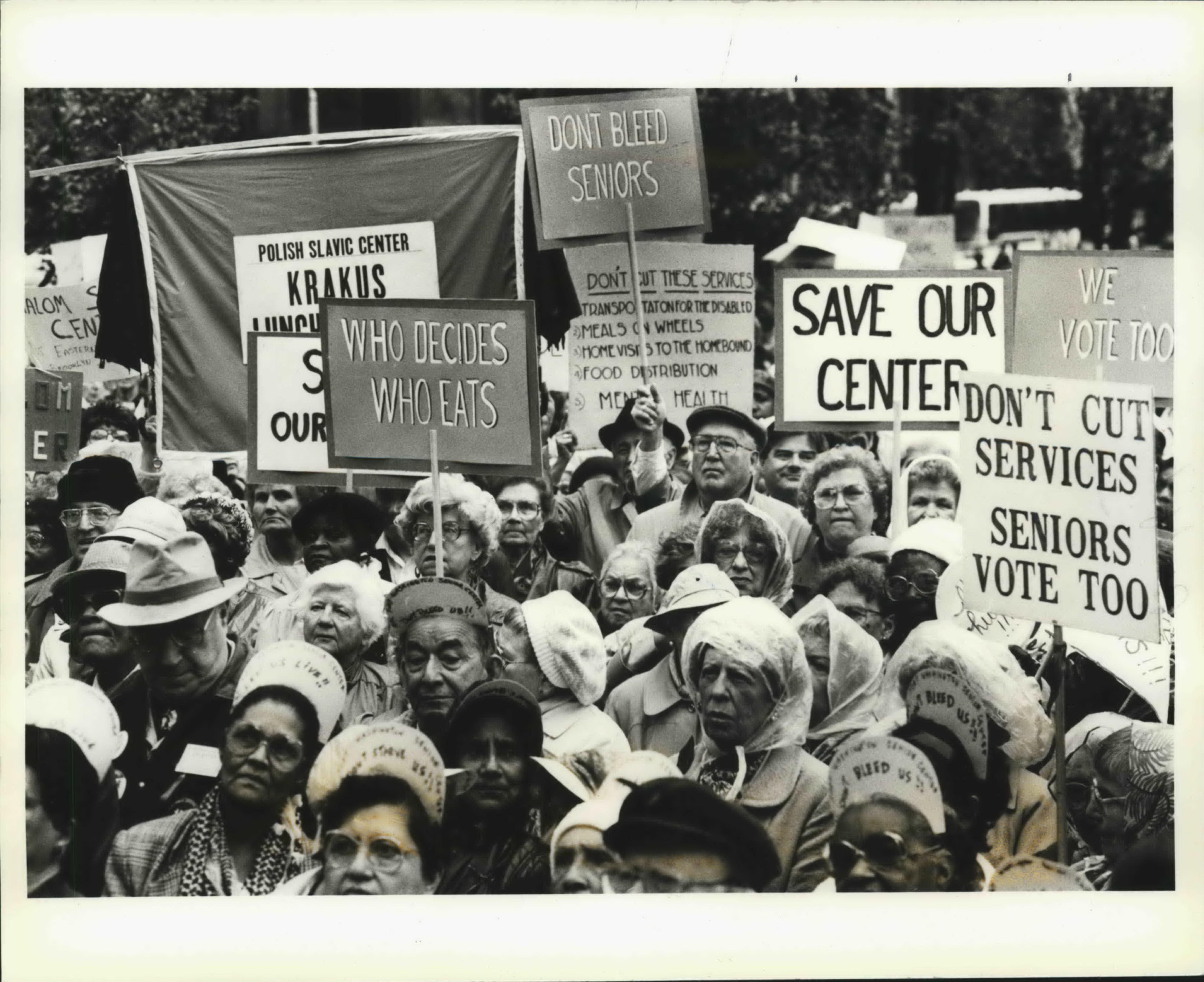 1991. Senior citizen protest in NYC, gray hair and strong voices.